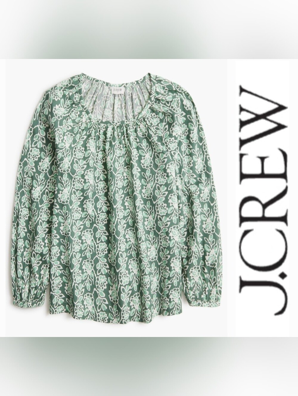 J. CREW Cotton Peasant Blouse Scoopneck Stretch Green Vine Print Sz M